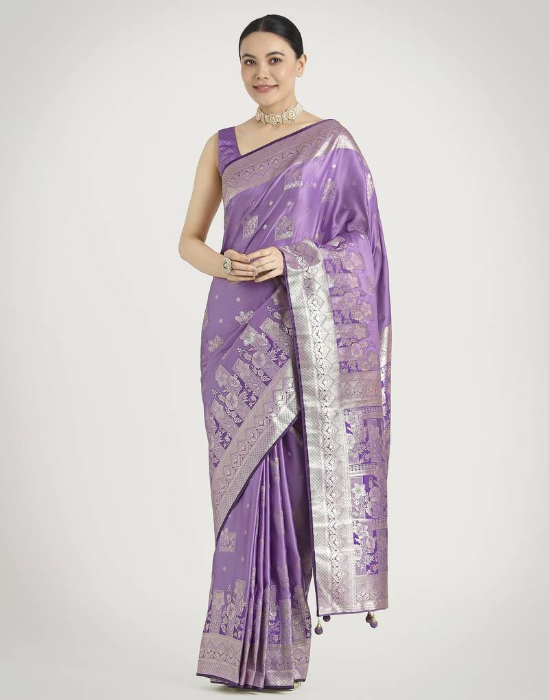 lavender silk blend banarasi jacuard work saree with unstitched blouse piece