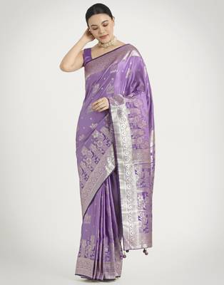 lavender silk blend banarasi jacuard work saree with unstitched blouse piece 2
