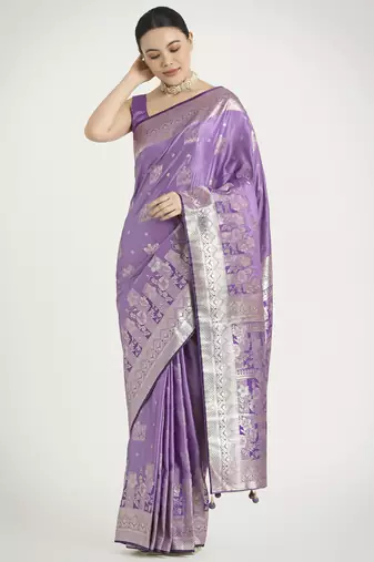 lavender silk blend banarasi jacuard work saree with unstitched blouse piece