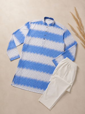 Royal blue color embroidery work & shading print cotton men's kurta payjama set 3