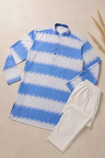 Royal blue color embroidery work & shading print cotton men's kurta payjama set