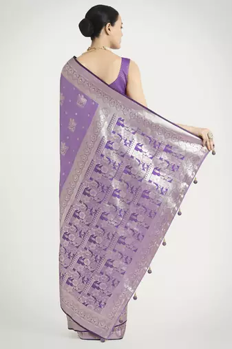 lavender silk blend banarasi jacuard work saree with unstitched blouse piece