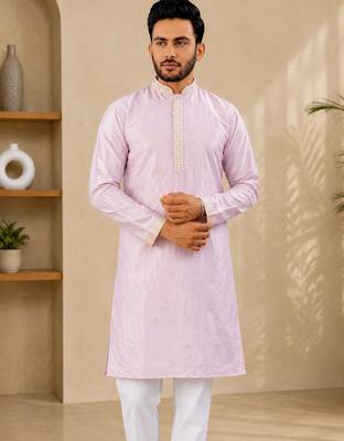Lavender color all over silver jari with embroidery buti matka silk men's kurta payjama set 3