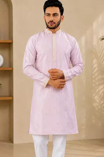 Lavender color all over silver jari with embroidery buti matka silk men's kurta payjama set