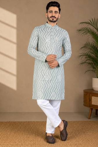 Pista color unique cross pattern white thread embroidery with silver sequence silk men's kurta payjama set