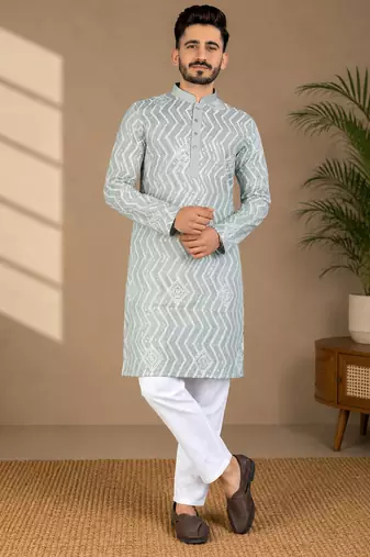 Pista color unique cross pattern white thread embroidery with silver sequence silk men's kurta payjama set