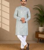 Pista color unique cross pattern white thread embroidery with silver sequence silk men's kurta payjama set