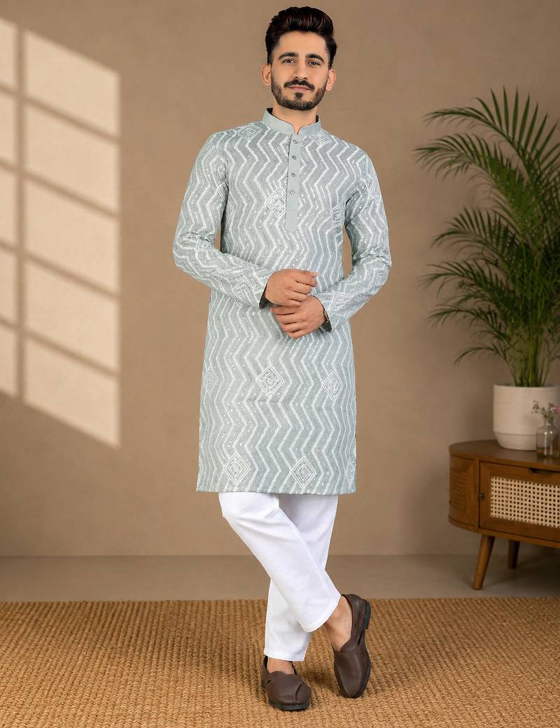 Pista color unique cross pattern white thread embroidery with silver sequence silk men's kurta payjama set