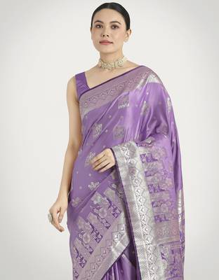 lavender silk blend banarasi jacuard work saree with unstitched blouse piece 4