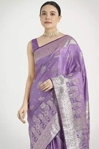 lavender silk blend banarasi jacuard work saree with unstitched blouse piece