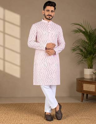 Light pink color unique cross pattern white thread embroidery with silver sequence silk men's kurta payjama set 1