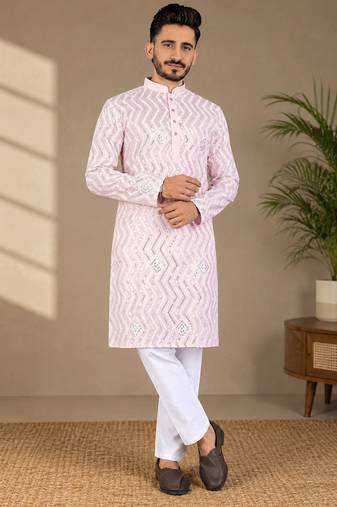 Light pink color unique cross pattern white thread embroidery with silver sequence silk men's kurta payjama set