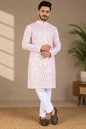 Light pink color unique cross pattern white thread embroidery with silver sequence silk men's kurta payjama set