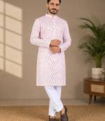 Light pink color unique cross pattern white thread embroidery with silver sequence silk men's kurta payjama set