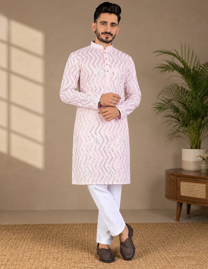Light pink color unique cross pattern white thread embroidery with silver sequence silk men's kurta payjama set