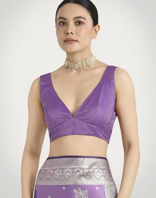 lavender silk blend banarasi jacuard work saree with unstitched blouse piece 5