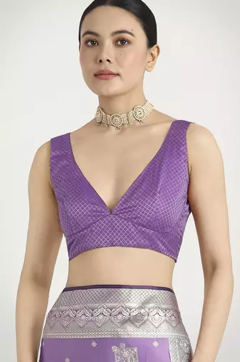 lavender silk blend banarasi jacuard work saree with unstitched blouse piece