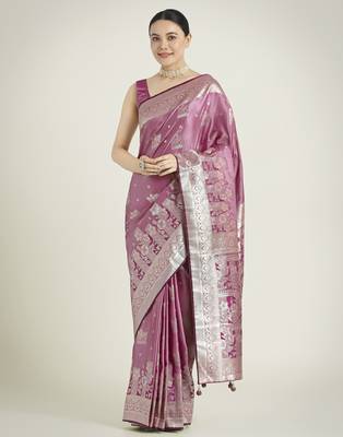 purple silk blend banarasi jacuard work saree with unstitched blouse piece 1