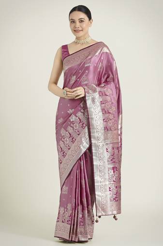 purple silk blend banarasi jacuard work saree with unstitched blouse piece