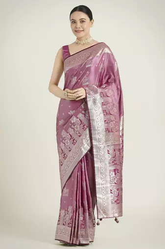 purple silk blend banarasi jacuard work saree with unstitched blouse piece