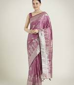 purple silk blend banarasi jacuard work saree with unstitched blouse piece