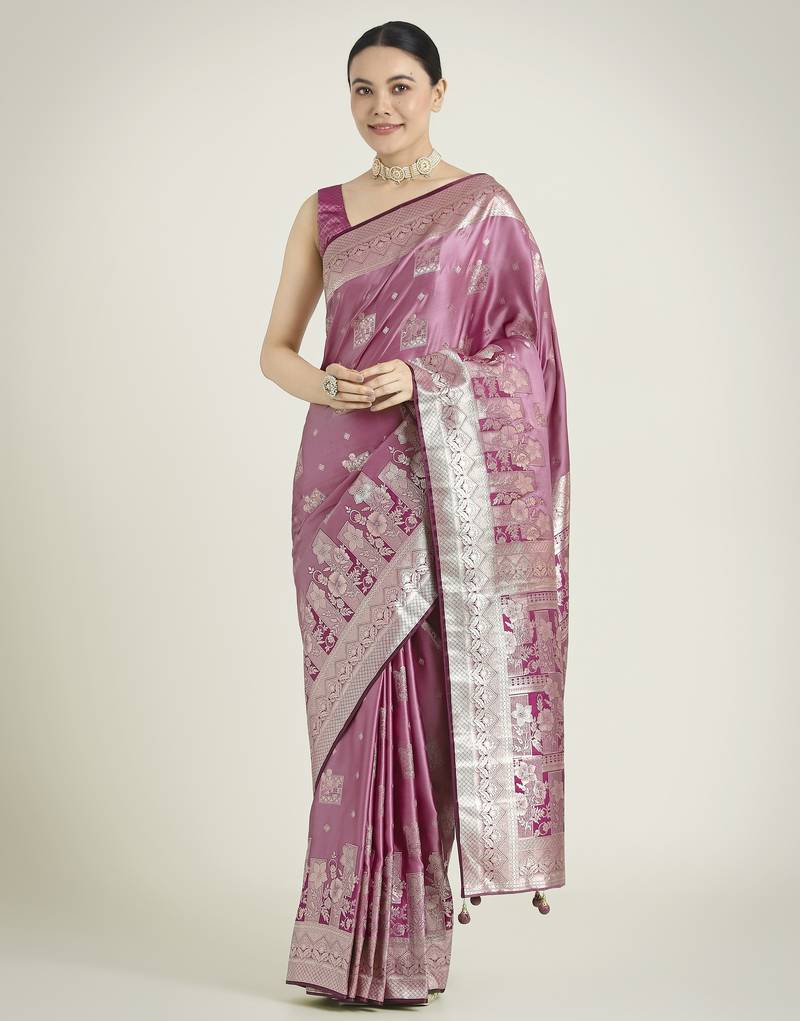 purple silk blend banarasi jacuard work saree with unstitched blouse piece