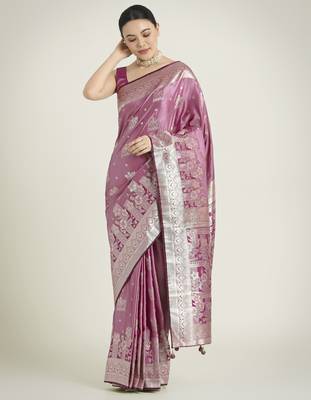 purple silk blend banarasi jacuard work saree with unstitched blouse piece 2