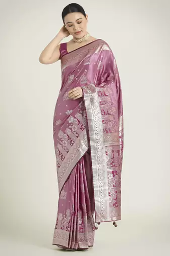 purple silk blend banarasi jacuard work saree with unstitched blouse piece