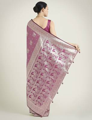 purple silk blend banarasi jacuard work saree with unstitched blouse piece 3