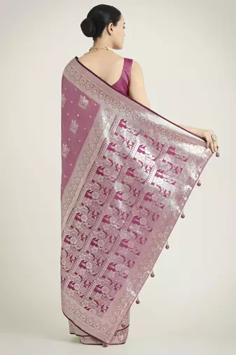 purple silk blend banarasi jacuard work saree with unstitched blouse piece