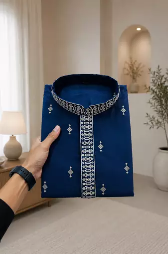 Teal color all over silver jari with embroidery buti matka silk men's kurta payjama set