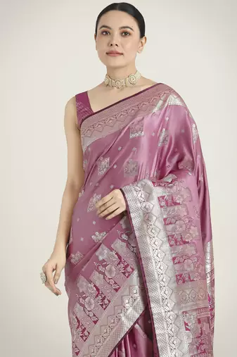 purple silk blend banarasi jacuard work saree with unstitched blouse piece