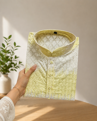Lemon yellow color embroidery work & shading print cotton men's kurta payjama set 3