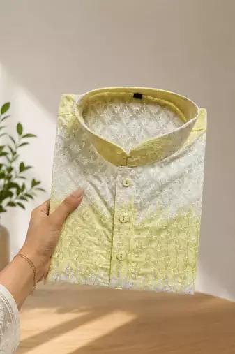 Lemon yellow color embroidery work & shading print cotton men's kurta payjama set