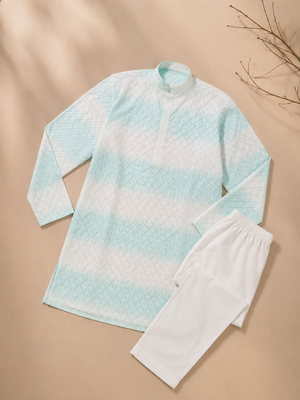 Sky blue color embroidery work & shading print cotton men's kurta payjama set 3