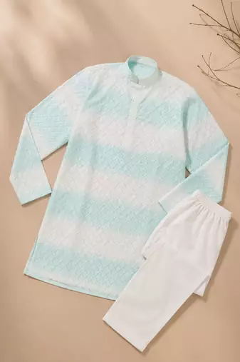 Sky blue color embroidery work & shading print cotton men's kurta payjama set