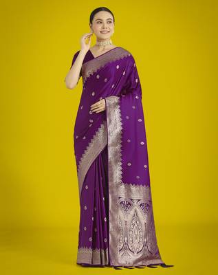 wine silk blend banarasi jacuard work saree with unstitched blouse piece 1