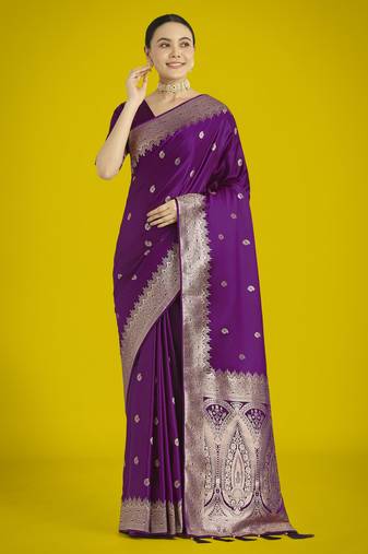 wine silk blend banarasi jacuard work saree with unstitched blouse piece