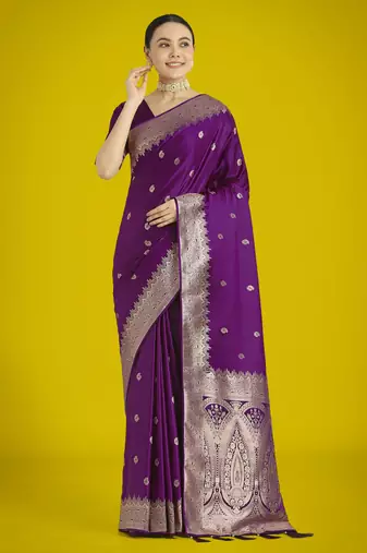 wine silk blend banarasi jacuard work saree with unstitched blouse piece