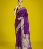 wine silk blend banarasi jacuard work saree with unstitched blouse piece