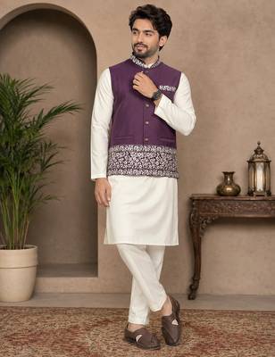 Off white-purple color embroidered daaman work shiny silk men's kurta payjama set 1
