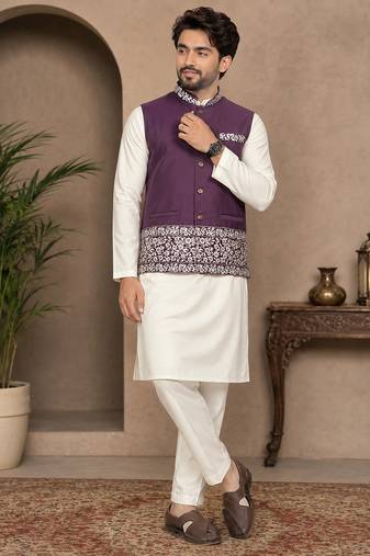 Off white-purple color embroidered daaman work shiny silk men's kurta payjama set
