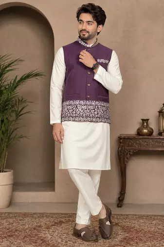 Off white-purple color embroidered daaman work shiny silk men's kurta payjama set