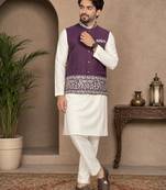 Off white-purple color embroidered daaman work shiny silk men's kurta payjama set