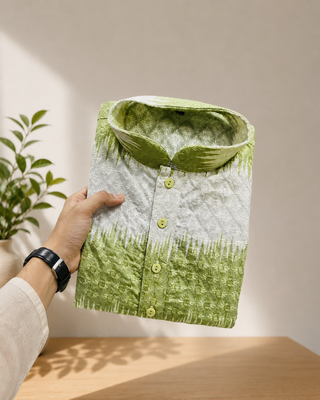 Lime green color embroidery work & shading print cotton men's kurta payjama set 3