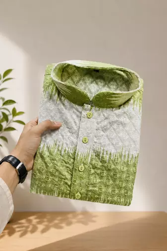 Lime green color embroidery work & shading print cotton men's kurta payjama set