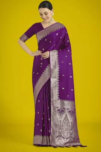 wine silk blend banarasi jacuard work saree with unstitched blouse piece