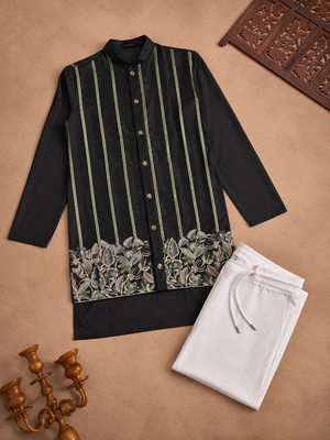 Black color embroidery work silk indo ethnic men's kurta payjama set 5