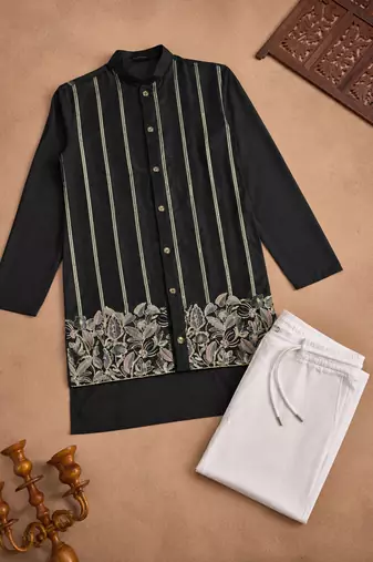Black color embroidery work silk indo ethnic men's kurta payjama set