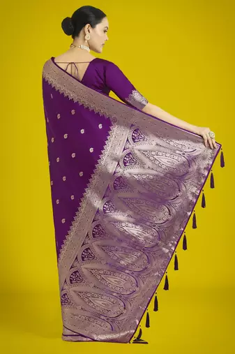 wine silk blend banarasi jacuard work saree with unstitched blouse piece